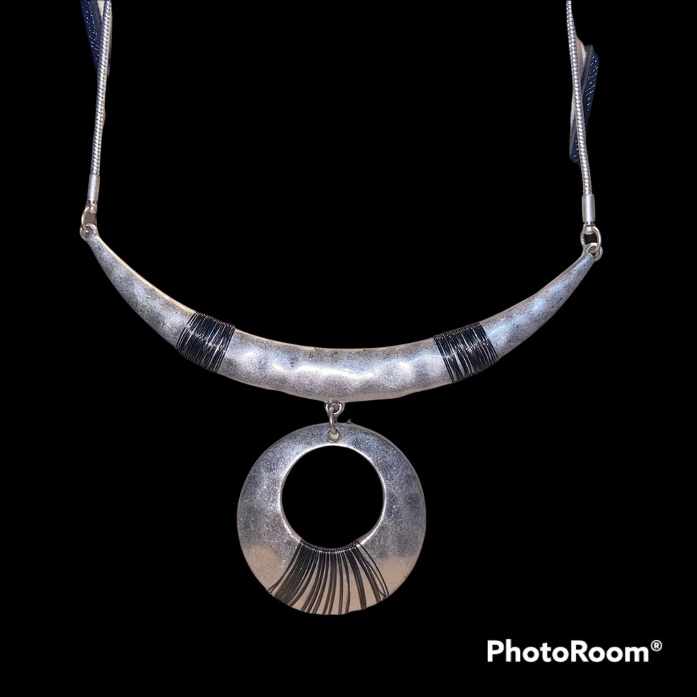 Vintage Art Deco Unique Silver Half Moon Necklace